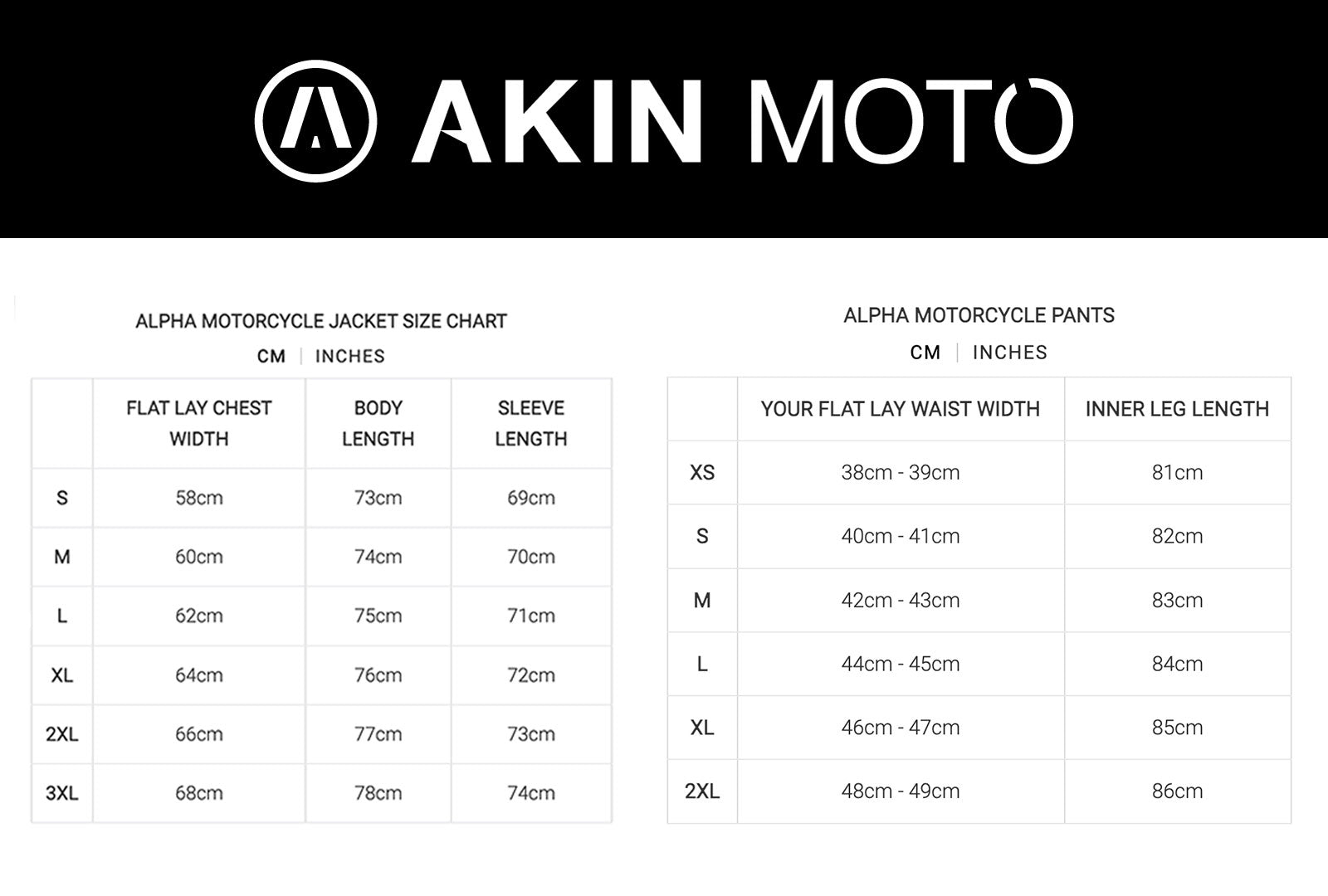 Akin Moto - Alpha 4.0 Black Pants Size Guide