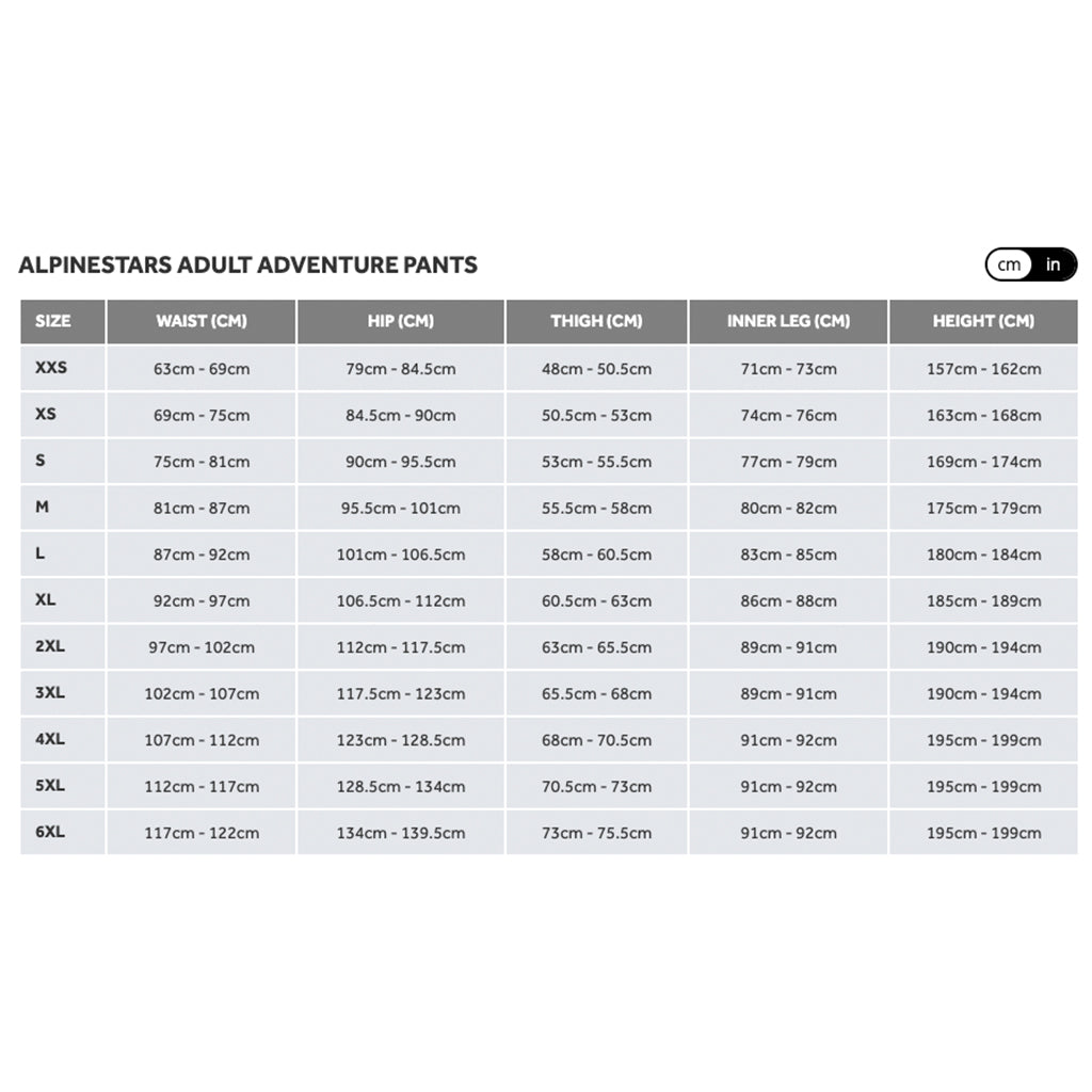 Alpinestars - ST7 2L Black/Grey Gore-Tex Pants Size Guide