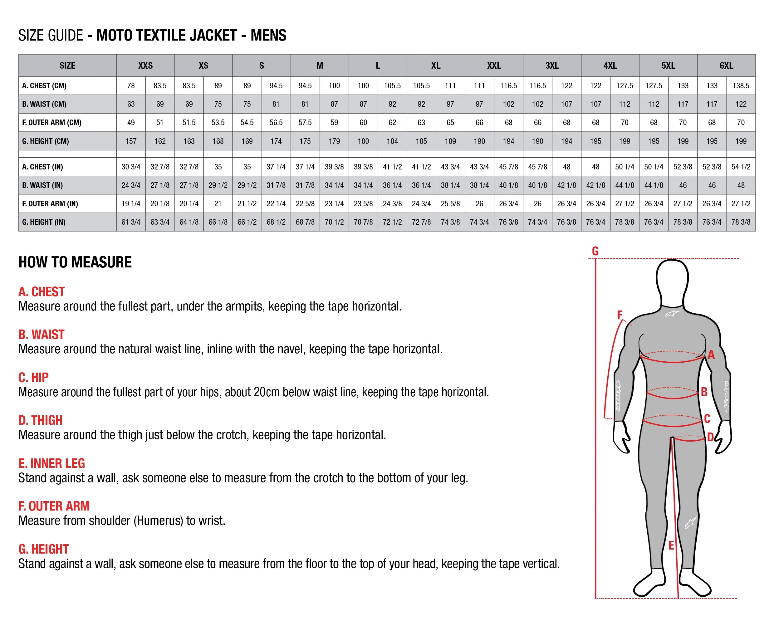 Alpinestars - ST7 2L Black/Grey Gore-Tex Jacket Size Guide