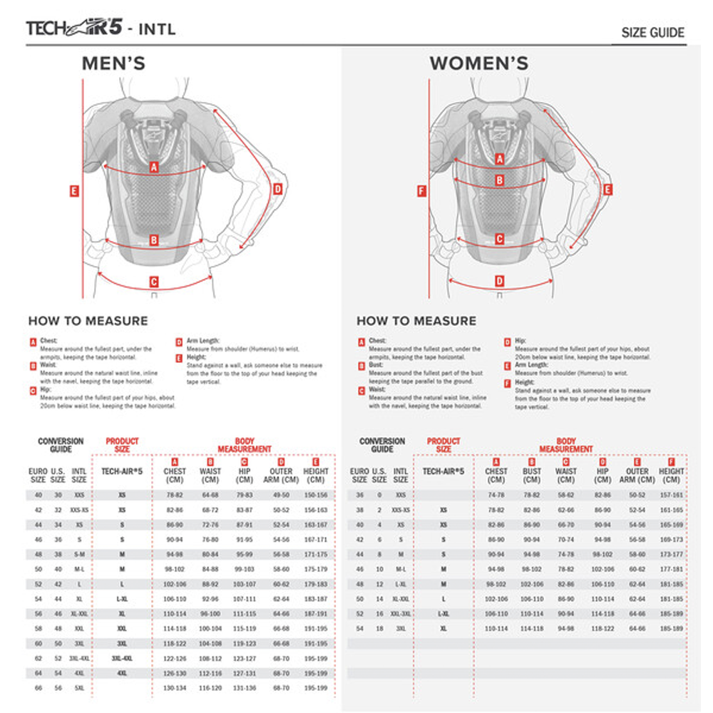 Alpinestars - Tech Air 5 Plasma System Vest Size Guide