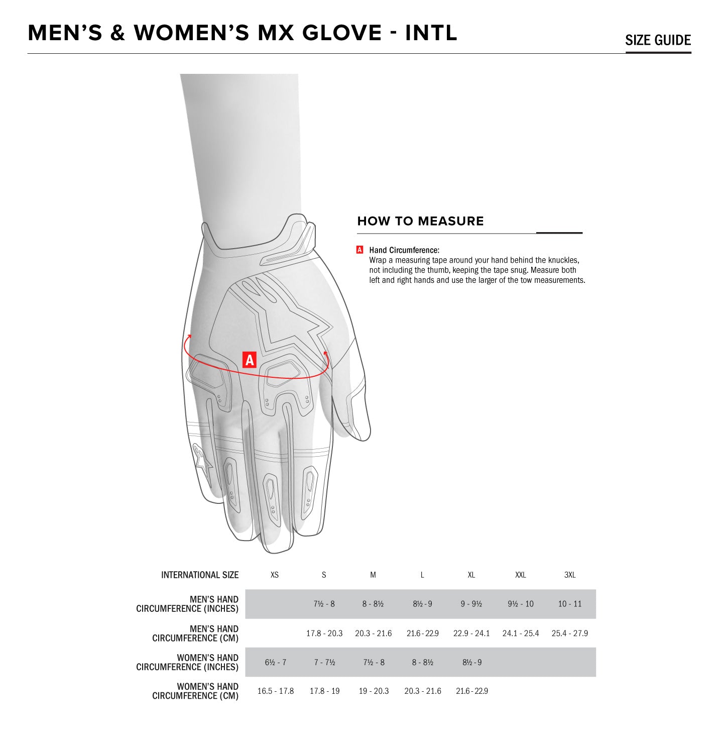 Alpinestars - 2021 Techstar Gloves Size Guide