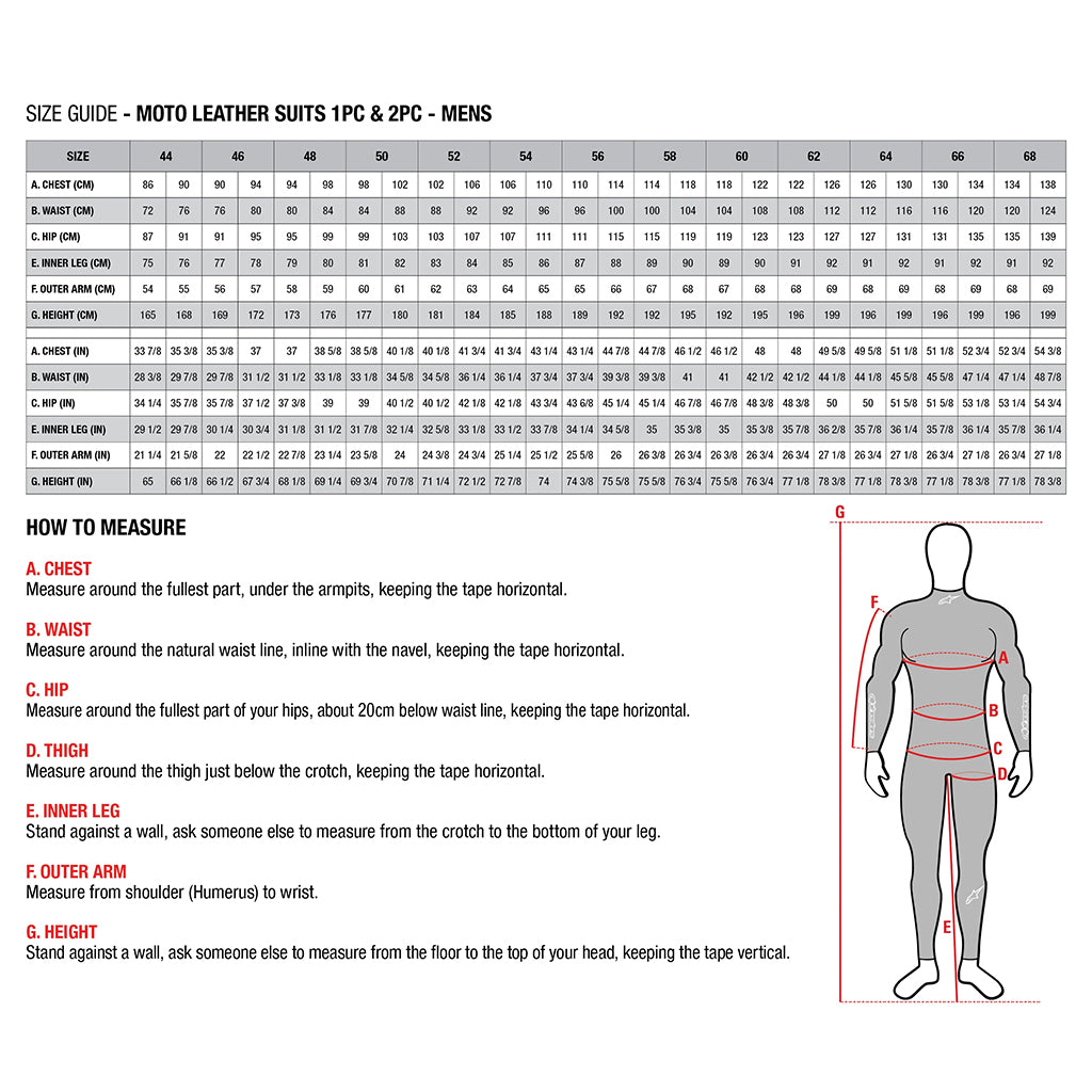 Alpinestars - GPR7 White/Black/Red 1pc Leather Suit Size Guide