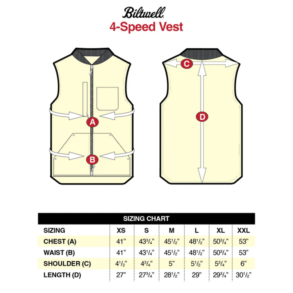 Biltwell - 4 Speed Black Vest Size Guide