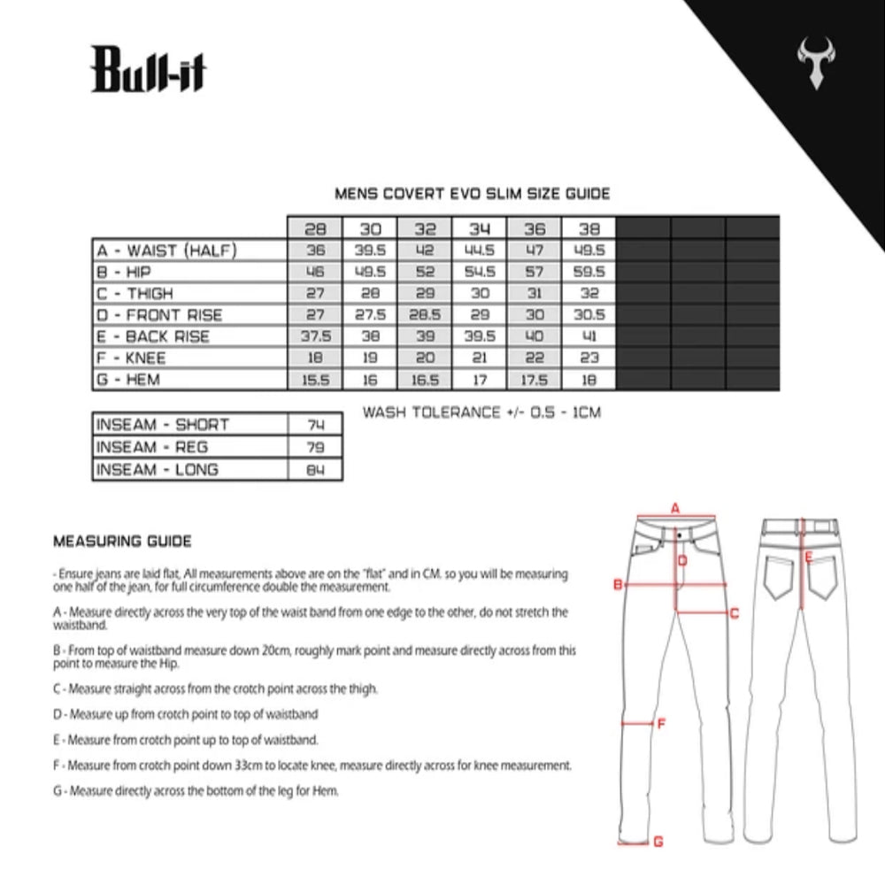 Bull-It - Covert Evo Straight Leg Jeans Size Guide