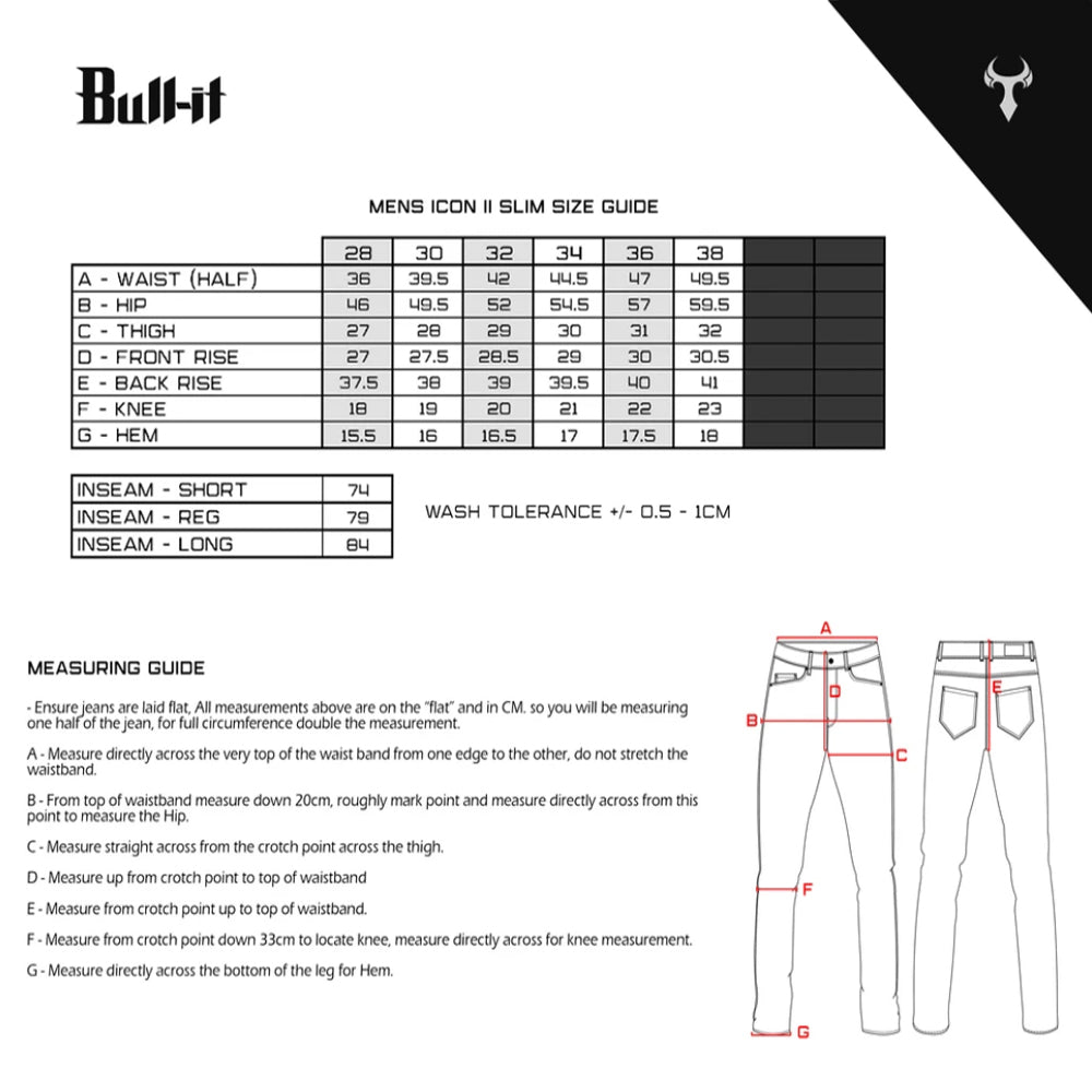 Bull-It - Onyx Black Slim Jeans Size Guide