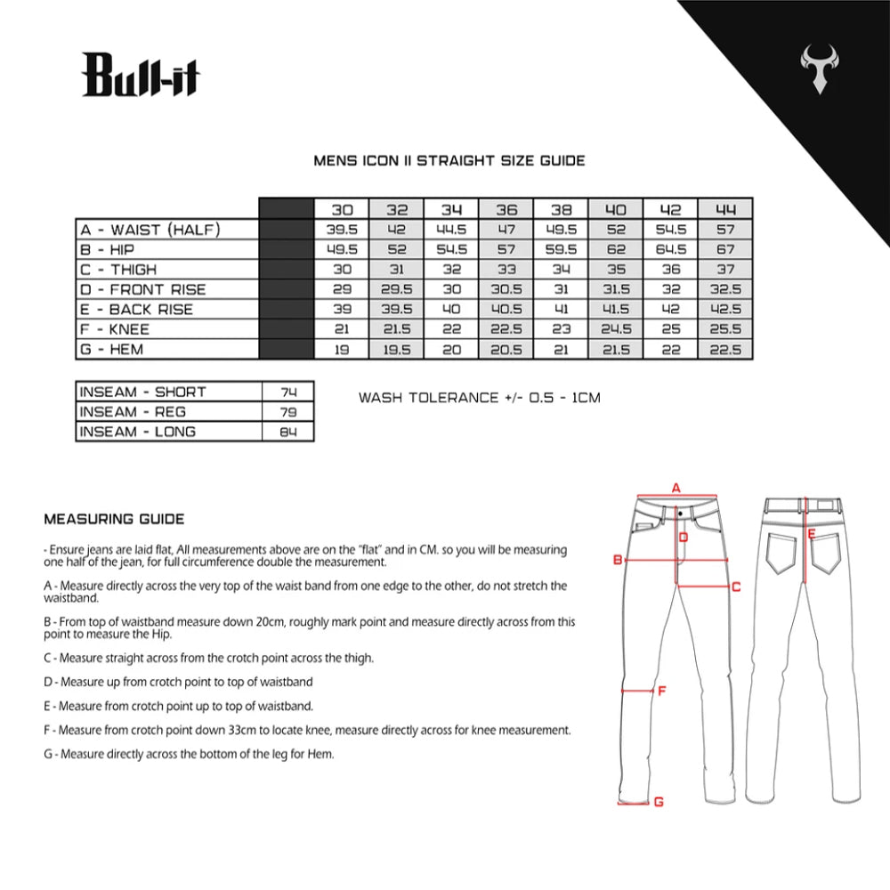 Bull-It - Icon 2 Straight Leg Blue Jeans Size Guide