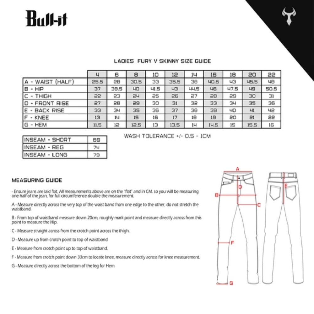 Bull-It - Ladies Fury V Jegging Skinny Jeans Size Guide