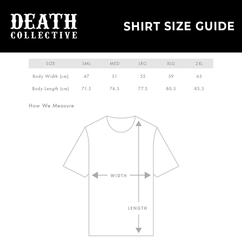 Death Collective - Smiley Tee Size Guide