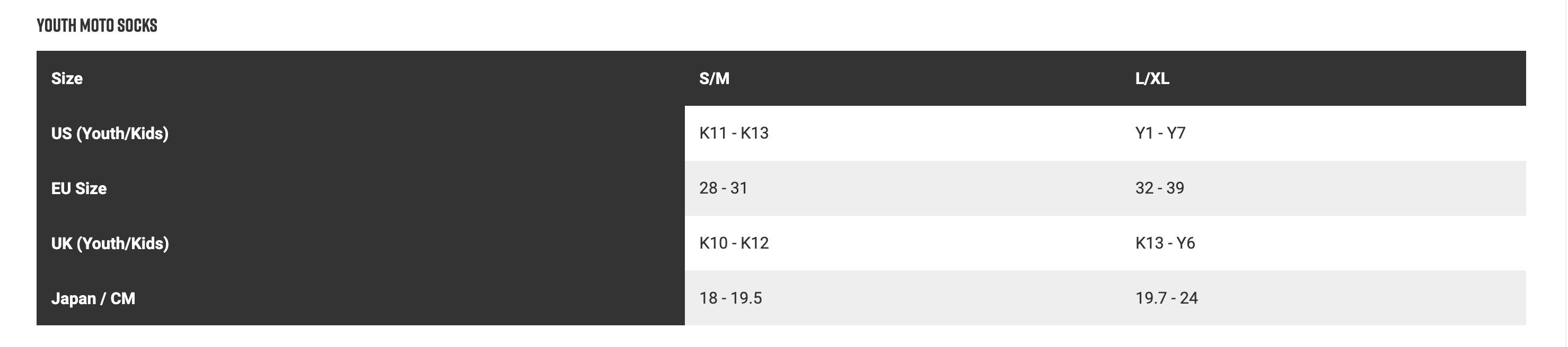 Fox - 2026 Youth 180 Collect Grey/Yellow Sock Size Guide