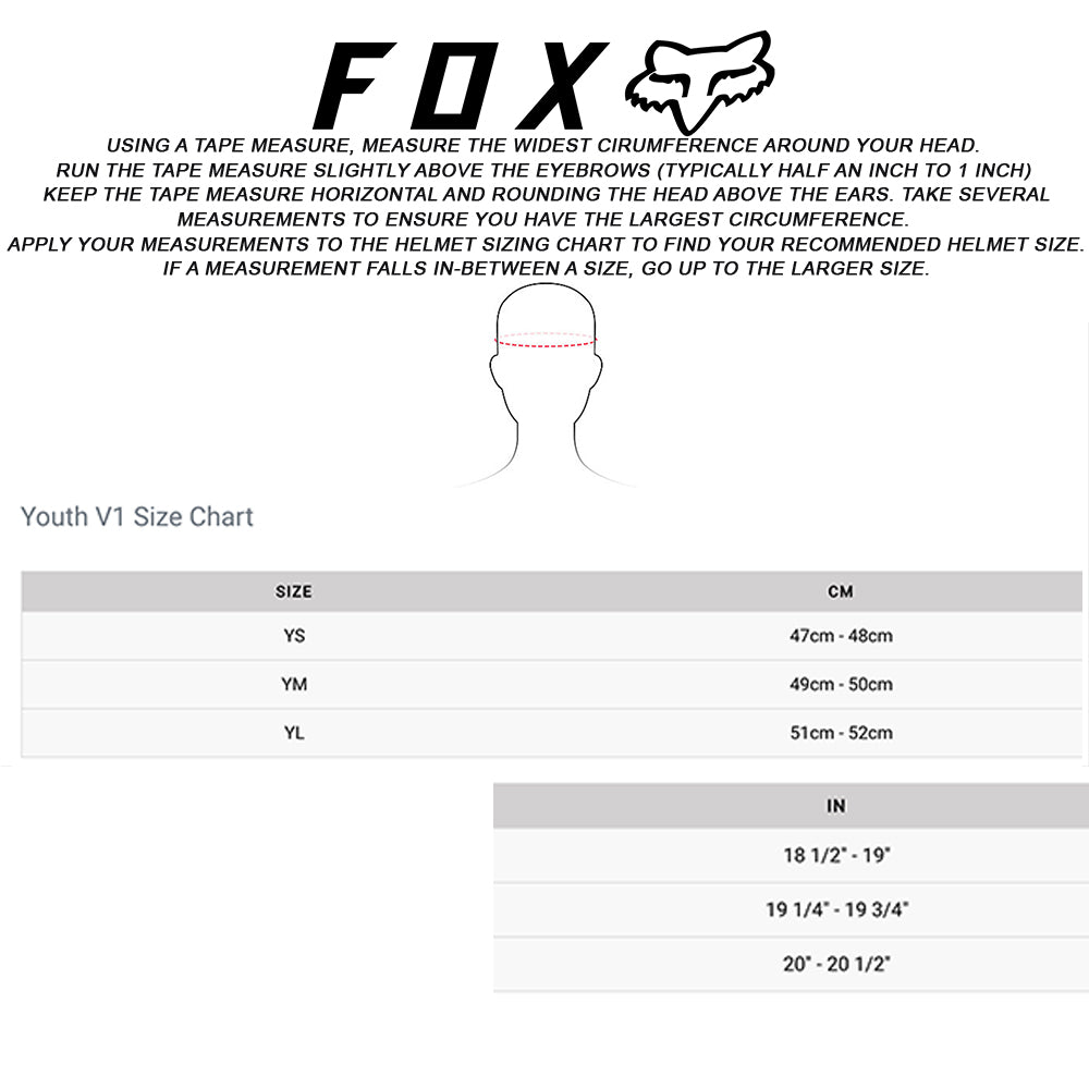 Fox - 2026 Youth V1 Shield Flo Red Helmet Size Guide