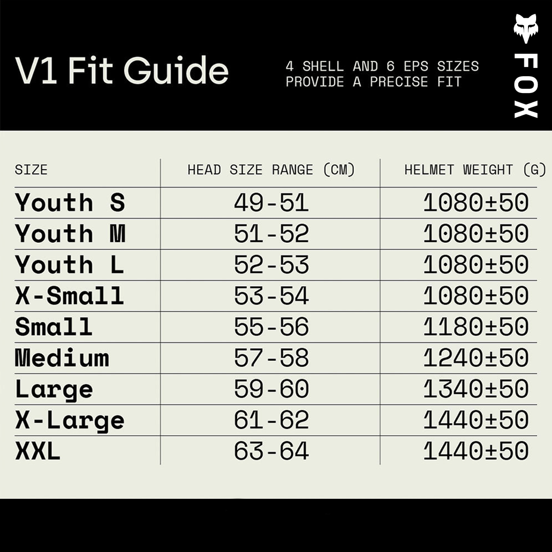 Fox - 2025 V1 Matt Black Solid Helmet Size Guide