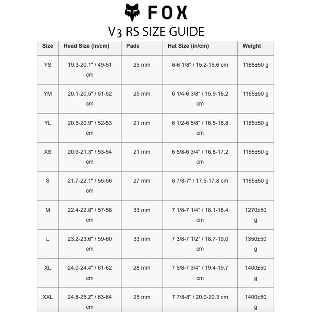 Fox - 2026 V3 RS Tactile White Helmet Size Guide