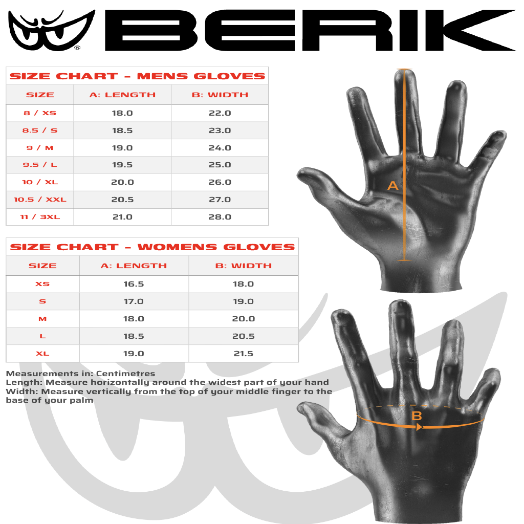 Berik - Trax Black Leather Gloves Size Guide