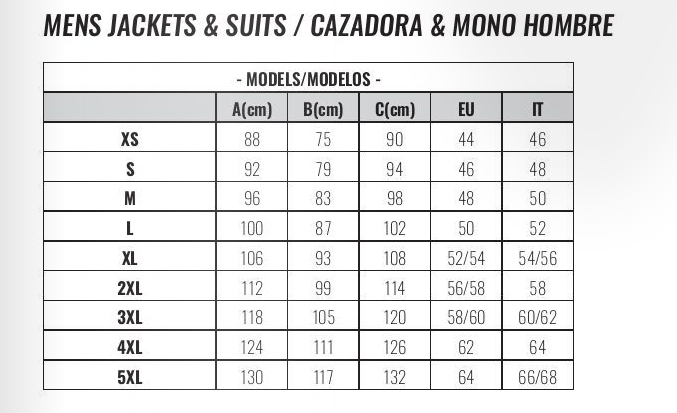 Ixon - Sprinter Black/Orange Summer Jacket Size Guide