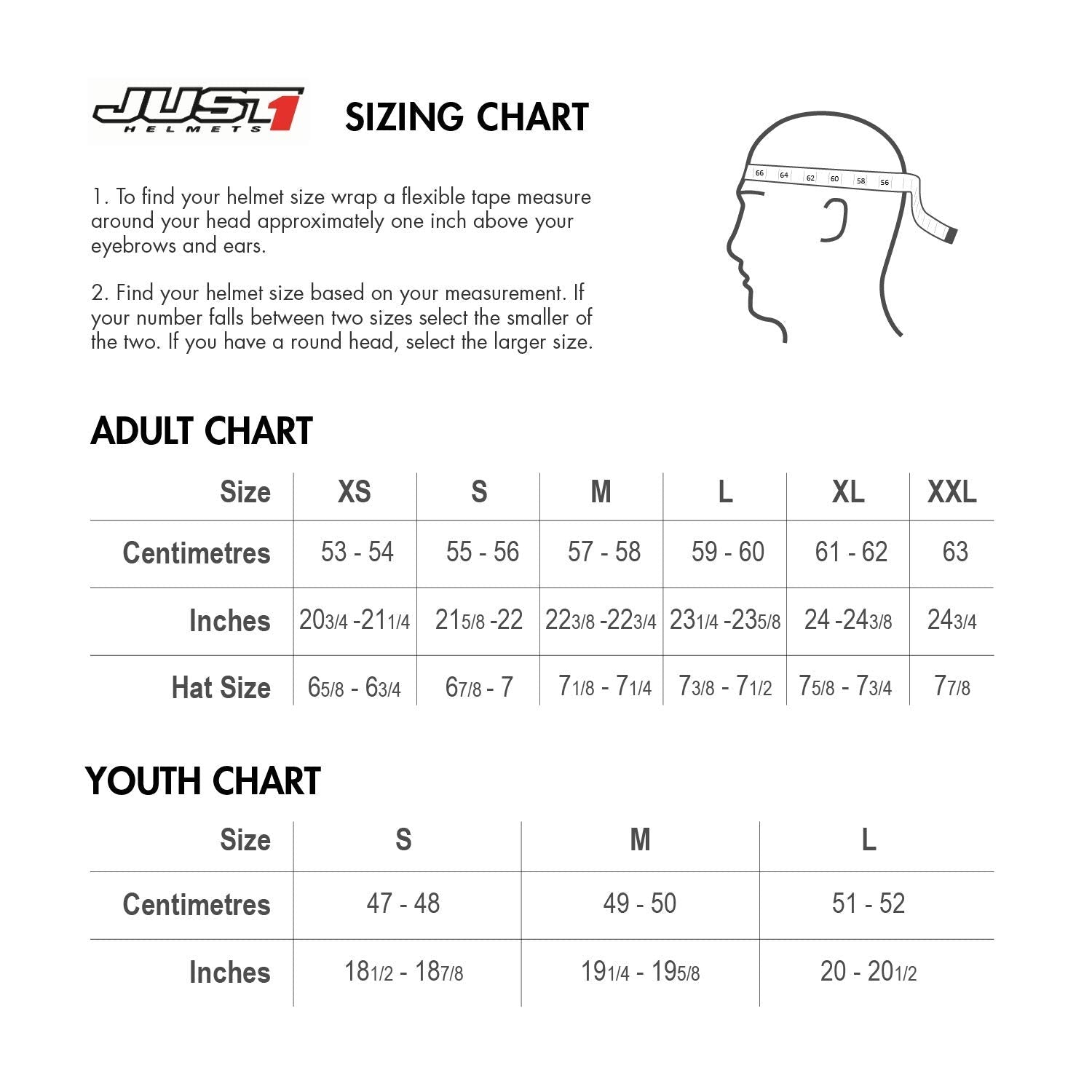 Just1 - J22 Solid Exposed Carbon Helmet Size Guide