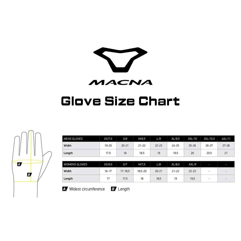 Macna - Crew RTX Black/Fluro Gloves Size Guide