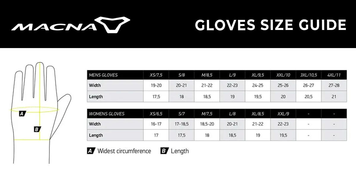 Macna - Tanami Black/Grey/Fluro Yellow Gloves Size Guide
