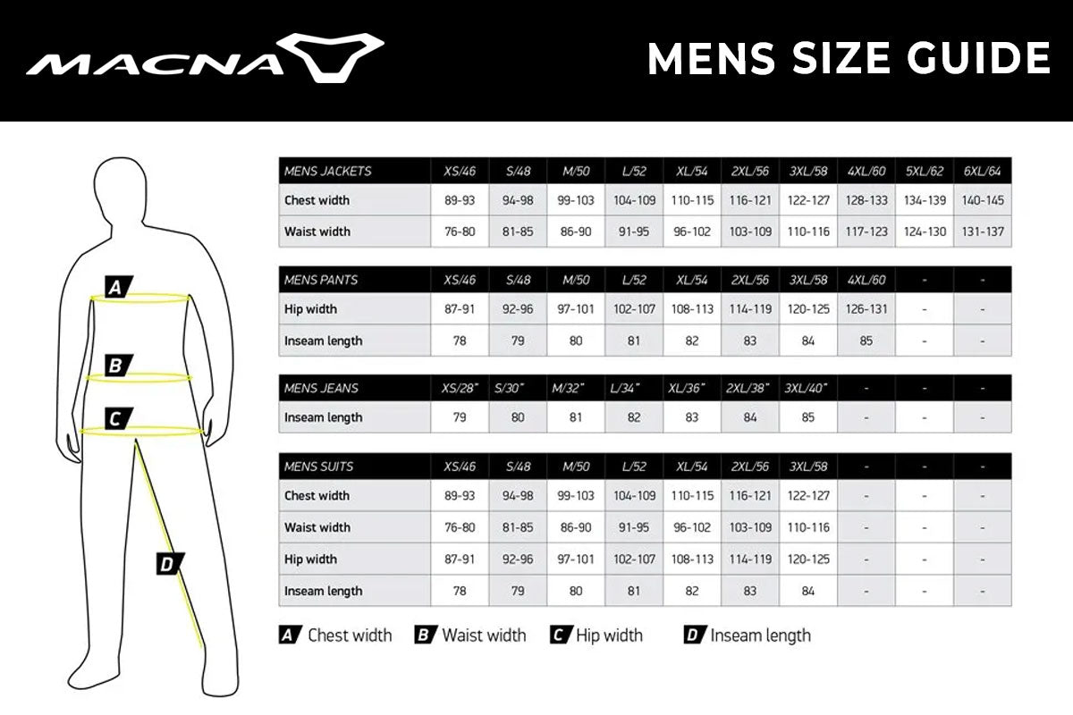 Macna - Riggor Black/Grey Camo Jacket Size Guide