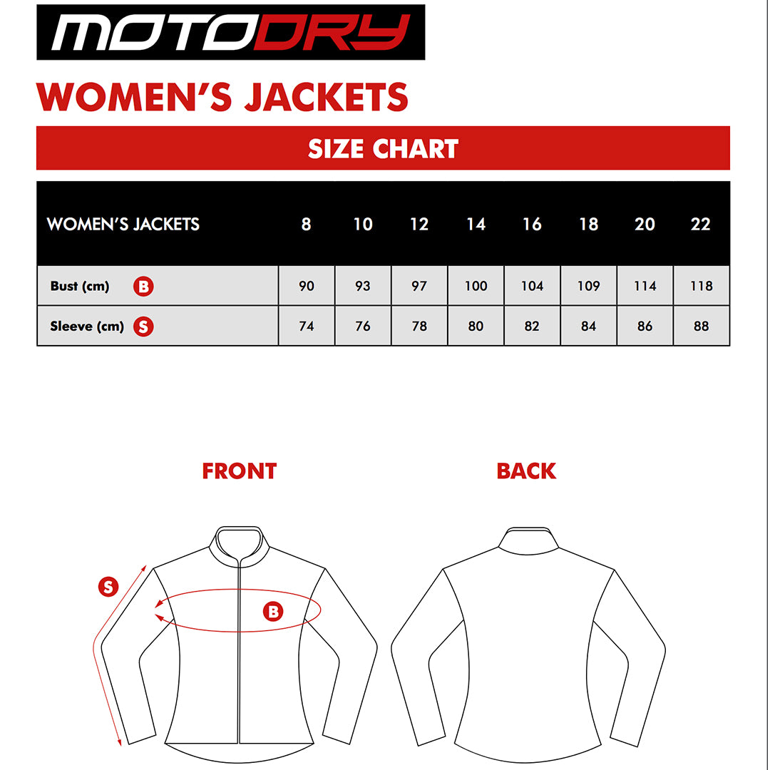Moto Dry - Ladies Siena Black/Pink Jacket Size Guide