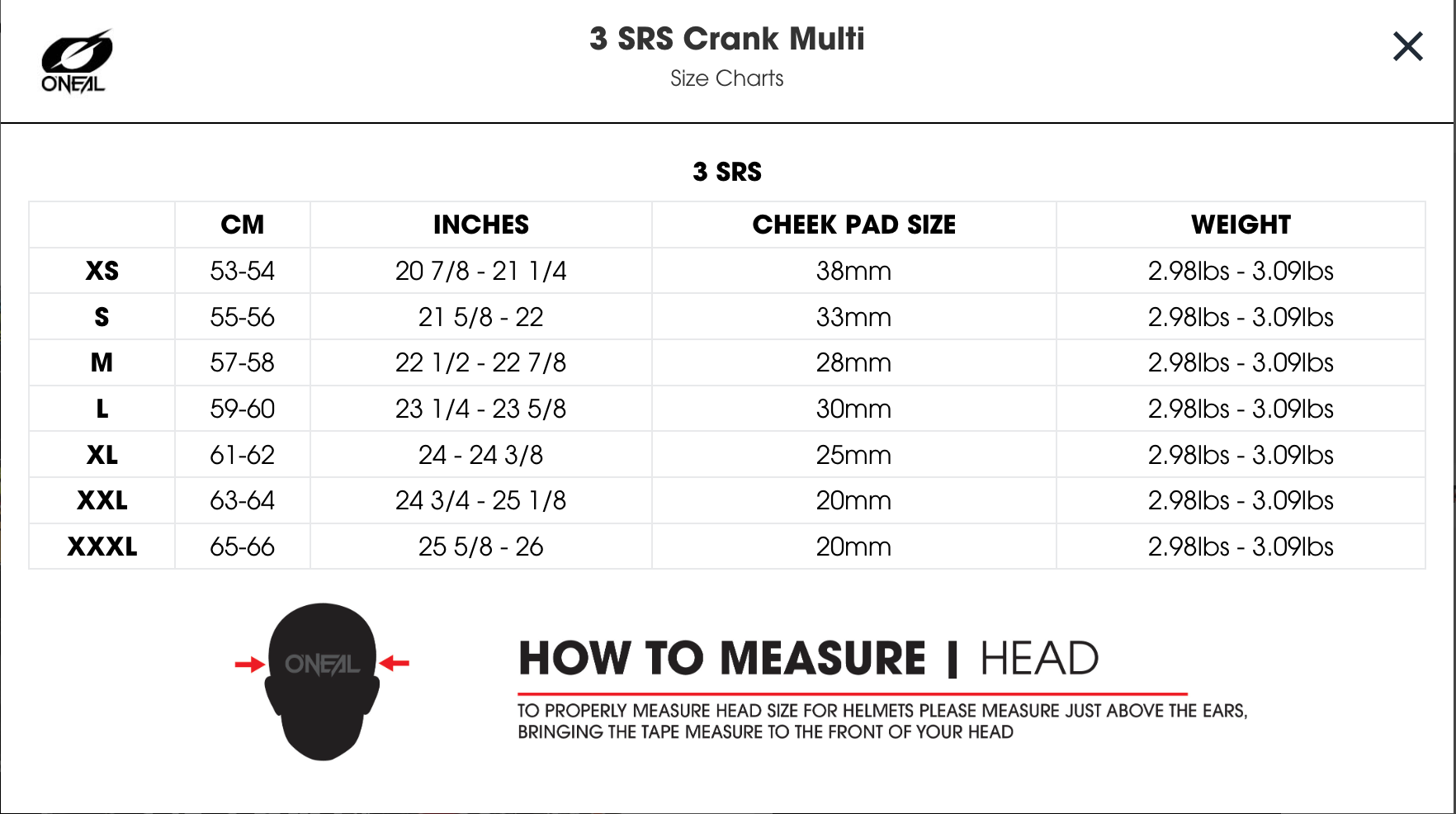 Oneal - 2024 3SRS Crank Helmet Multi Size Guide
