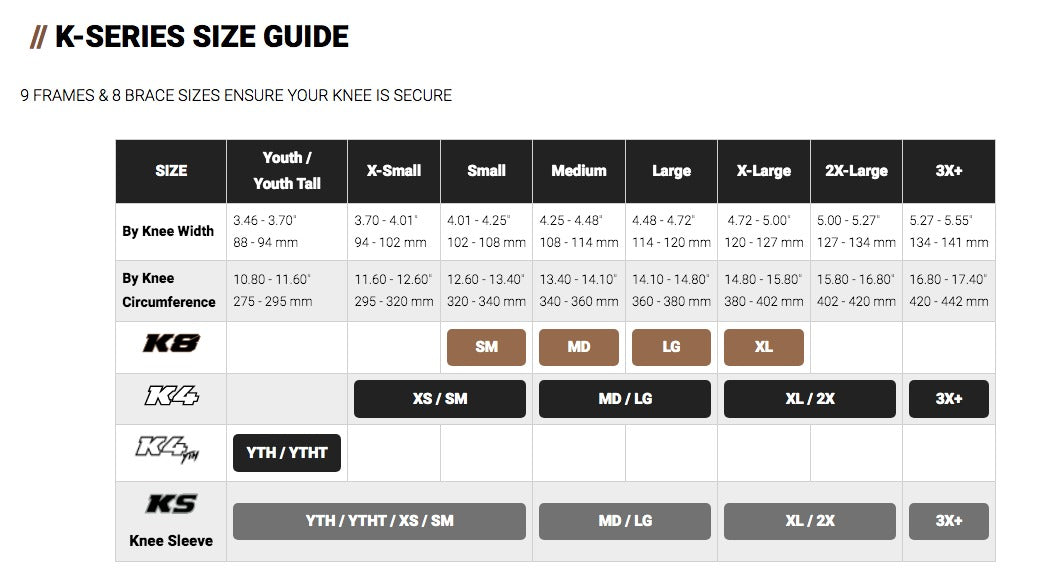 PODMX - K8 3.0 Carbon/White Right Knee Brace Size Guide