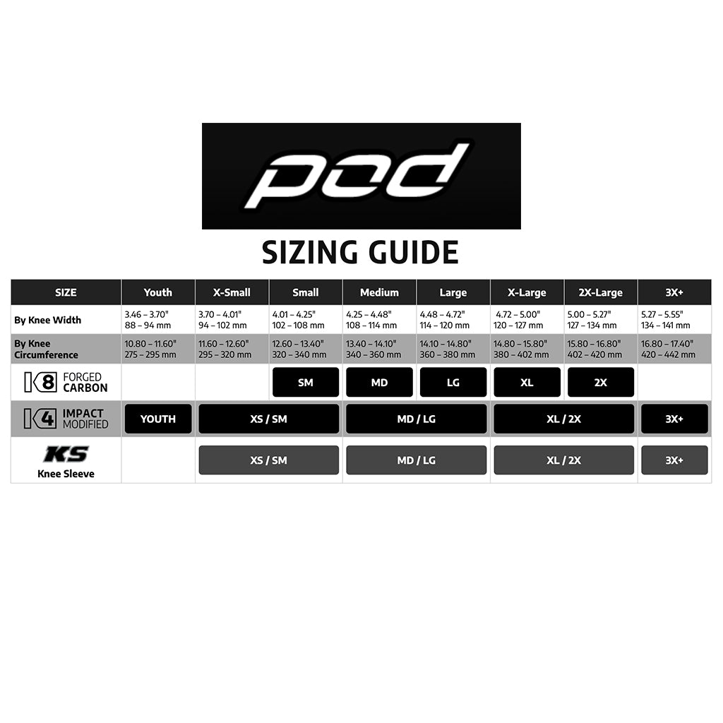PodMX - K4 3.0 Stealth Grey Right Knee Brace Size Guide