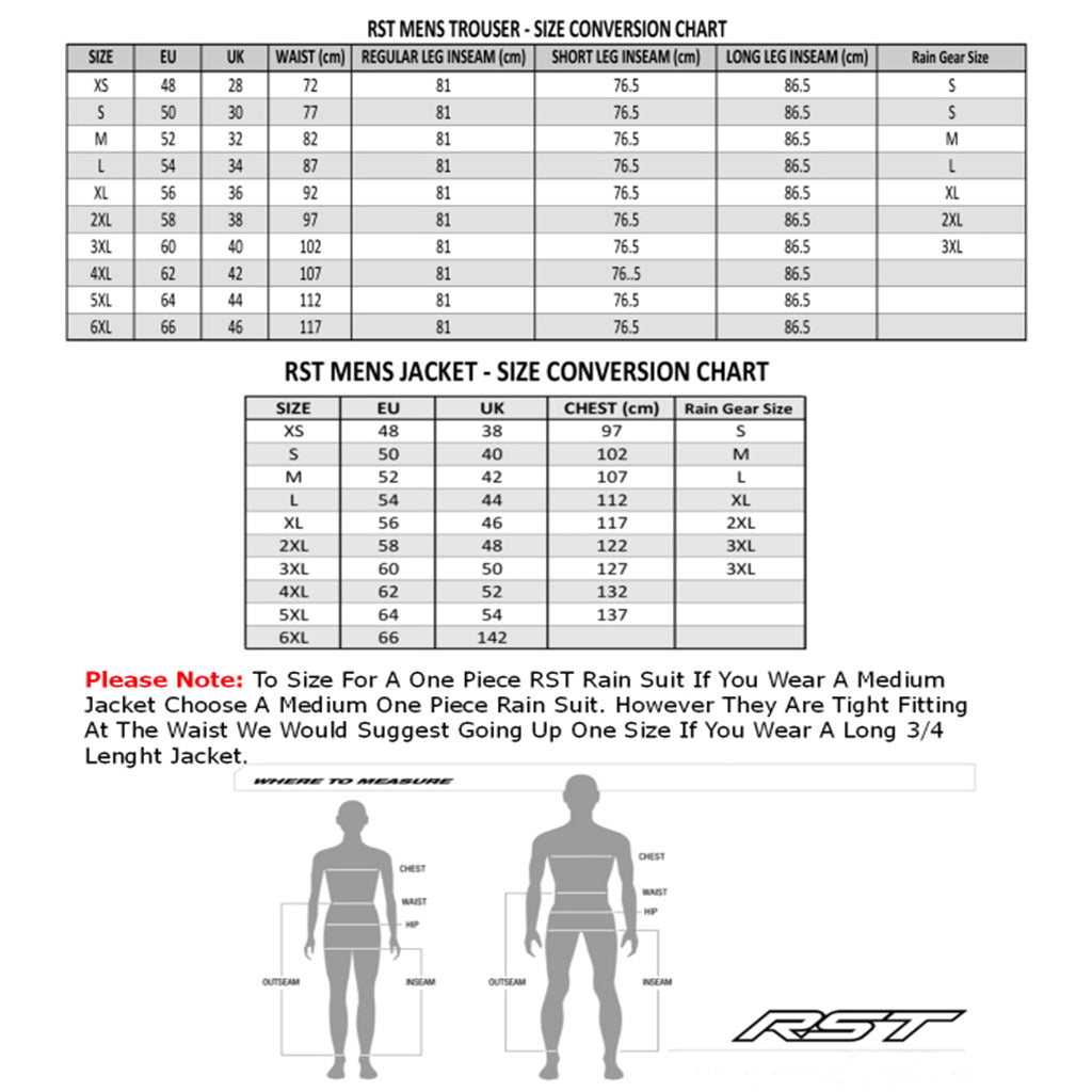 RST - Lightweight Waterproof Jacket Size Guide