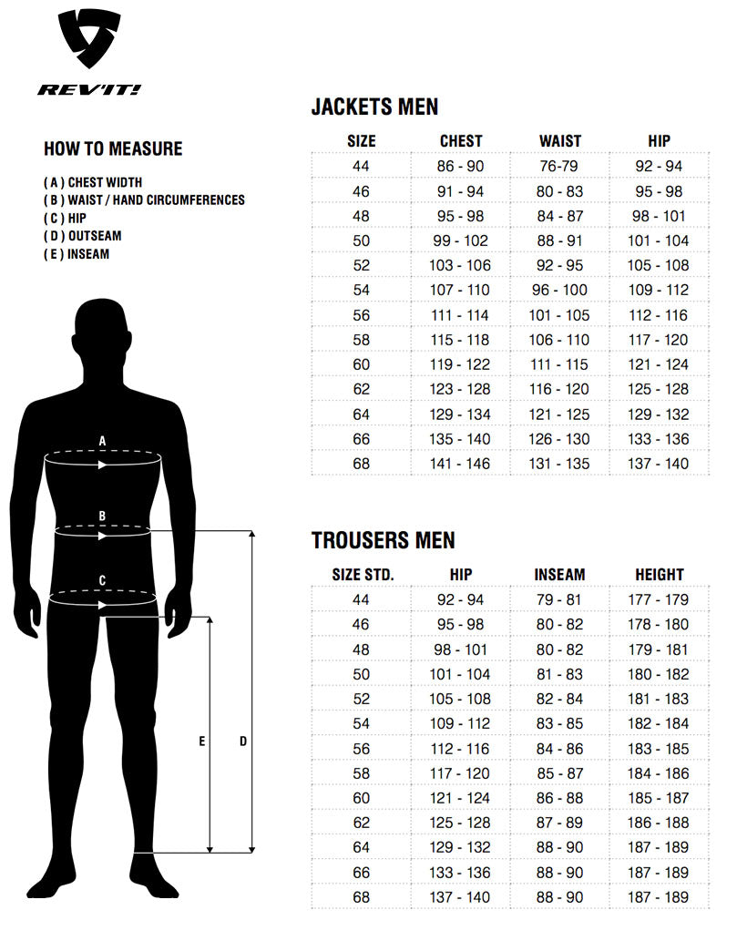 Rev-It - Afterburn H20 Black Jacket Size Guide