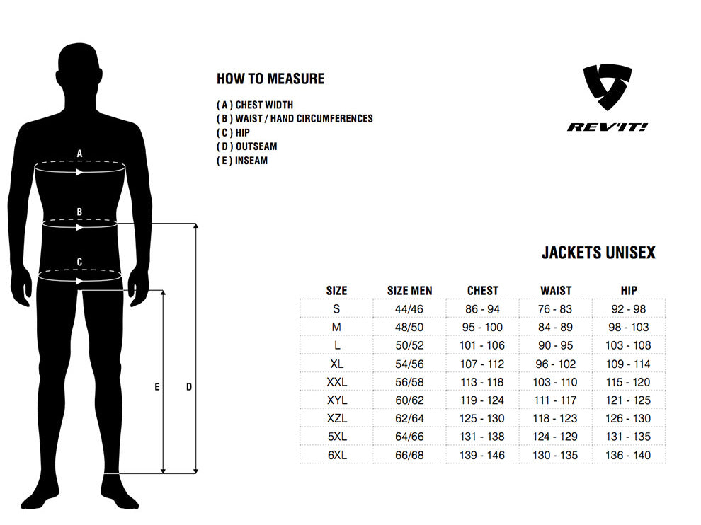 Rev-It - Component H20 Khaki Jacket Size Guide
