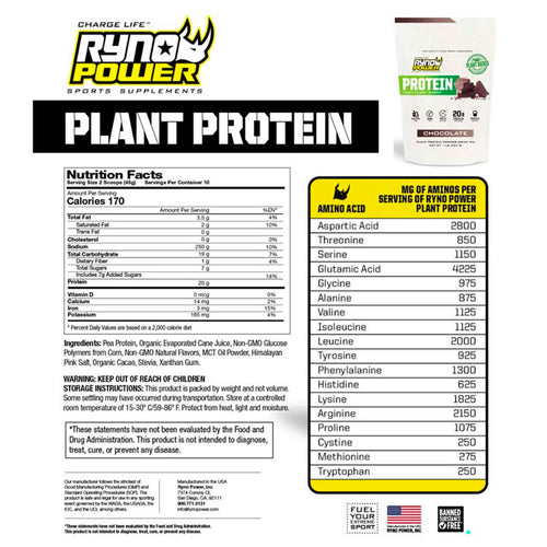 Ryno Power - Plant Based Protein Powder Chocolate Flavour - 454g