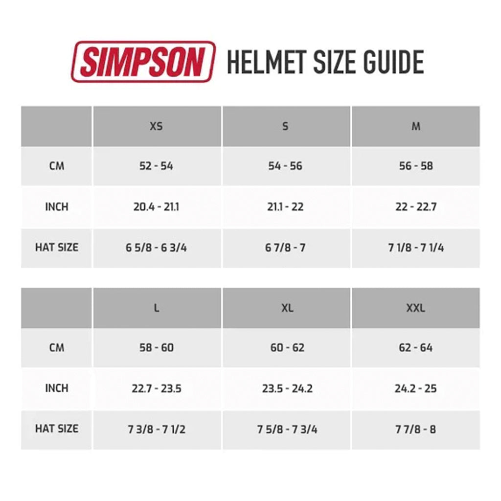 Simpson - Mod Bandit Gloss Black Modular Helmet Size Guide