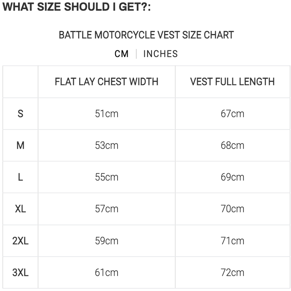 Akin Moto - Battle Black Vest 6.0 Size Guide