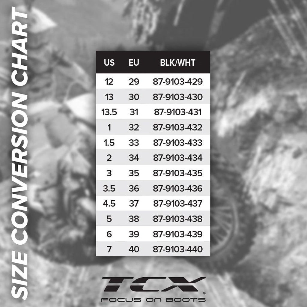 TCX - Comp Youth Black MX Boot Size Guide