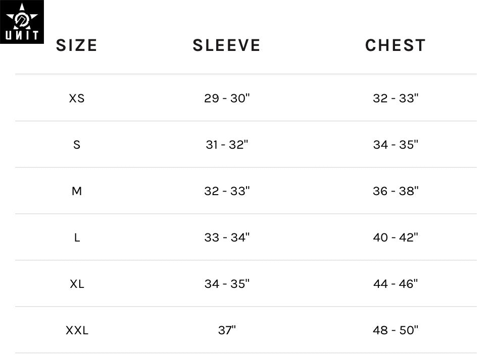 Unit - 2024 Code Black/White Jersey Size Guide