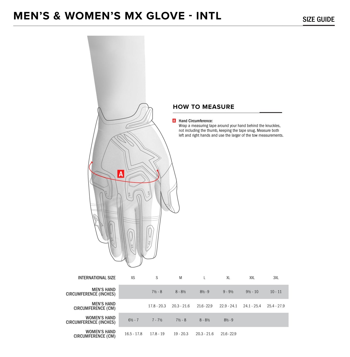 Alpinestars - 2019 Radar Gloves Size Guide