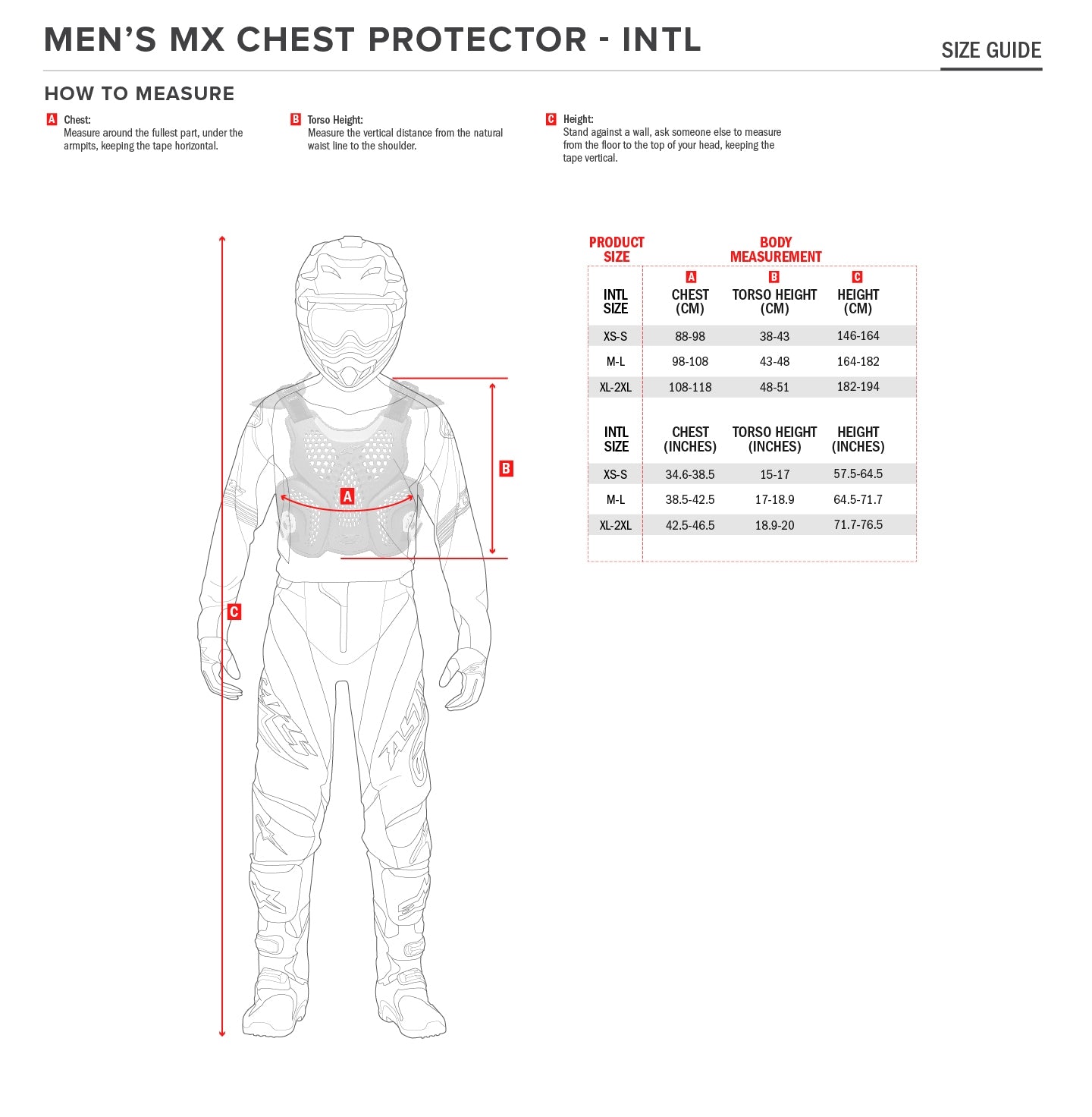Alpinestars - A10 Black/White/Red Body Armour Size Guide