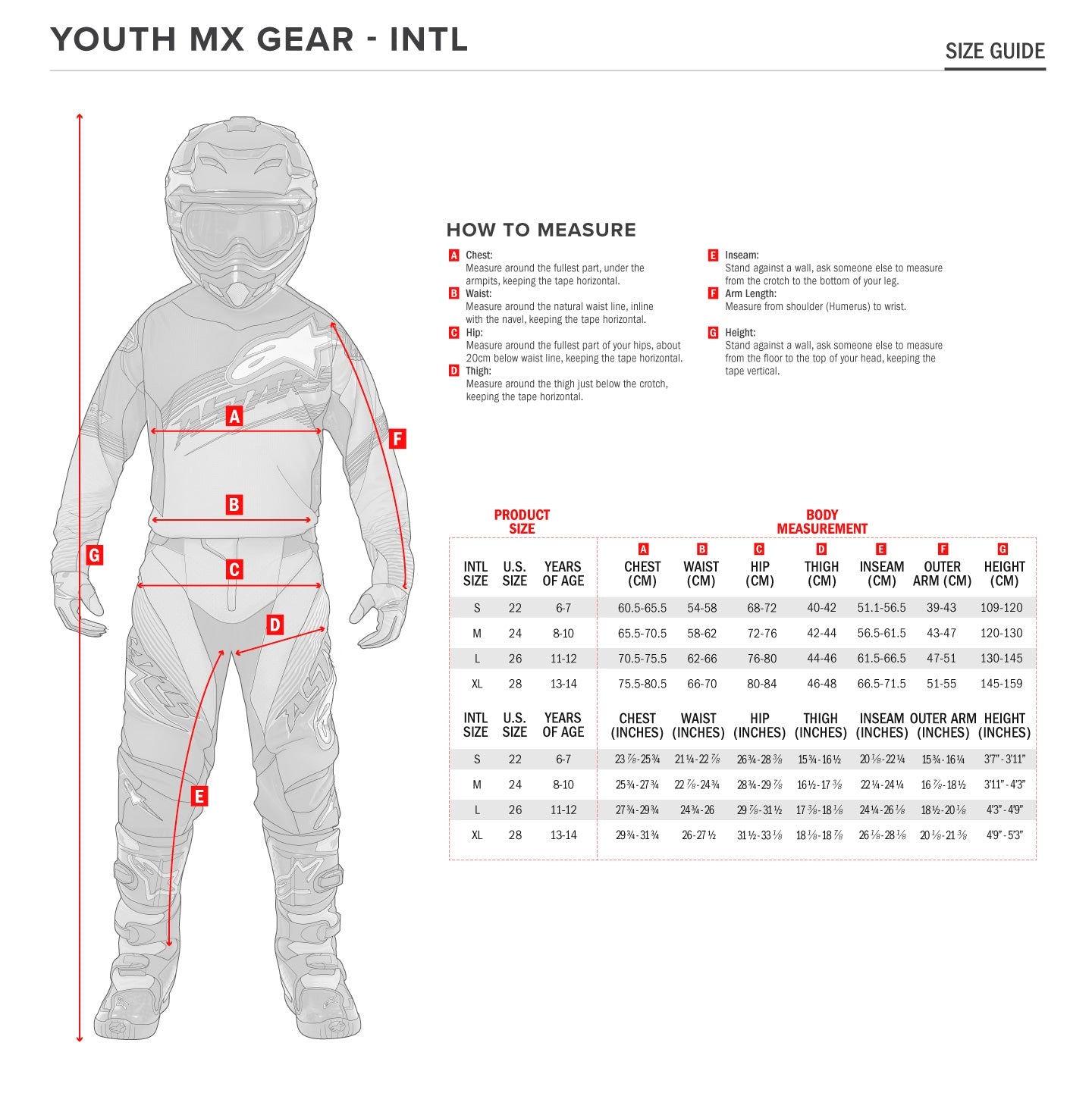 Alpinestars - Youth Bionic Action Jacket Size Guide