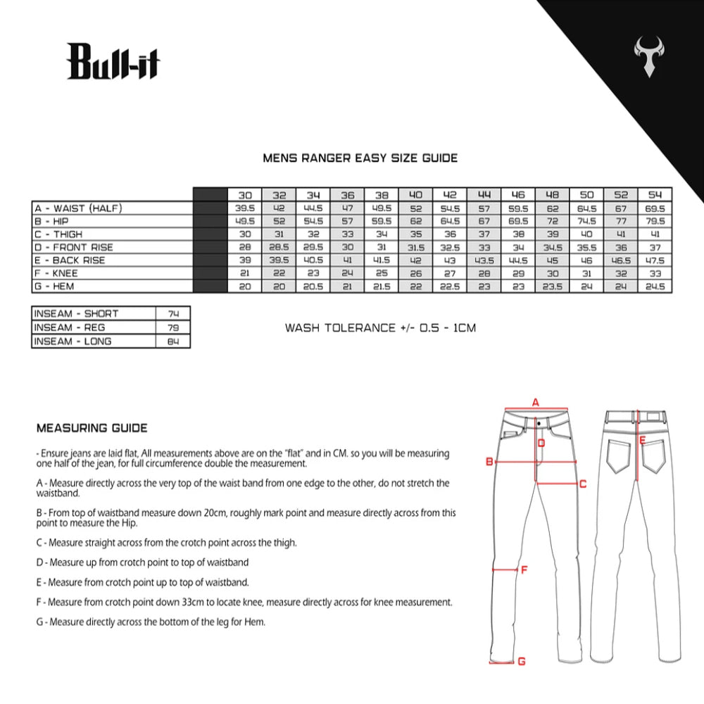 Bull-It - Ranger Cargo Black Jeans Size Guide