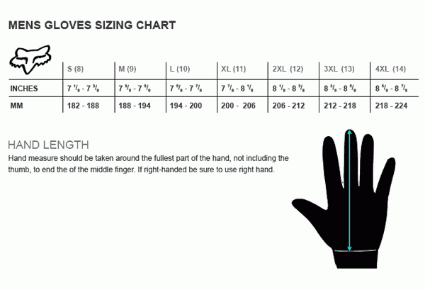 Fox - Bomber Light Gloves Size Guide