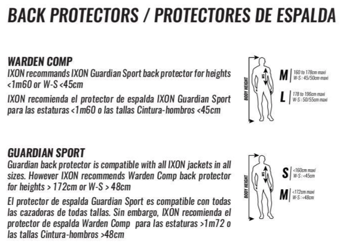 Ixon - Warden Comp Back Protector Size Guide