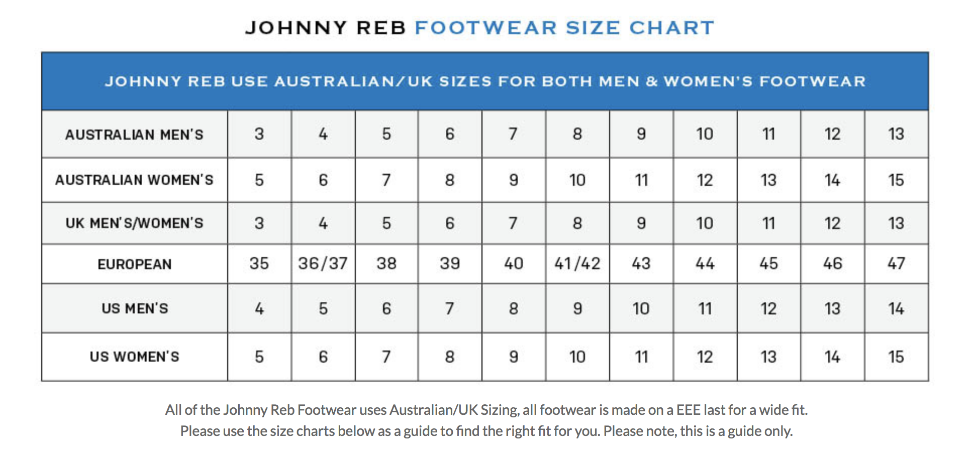 Johnny Reb - Classic Brown Short Boots Size Guide