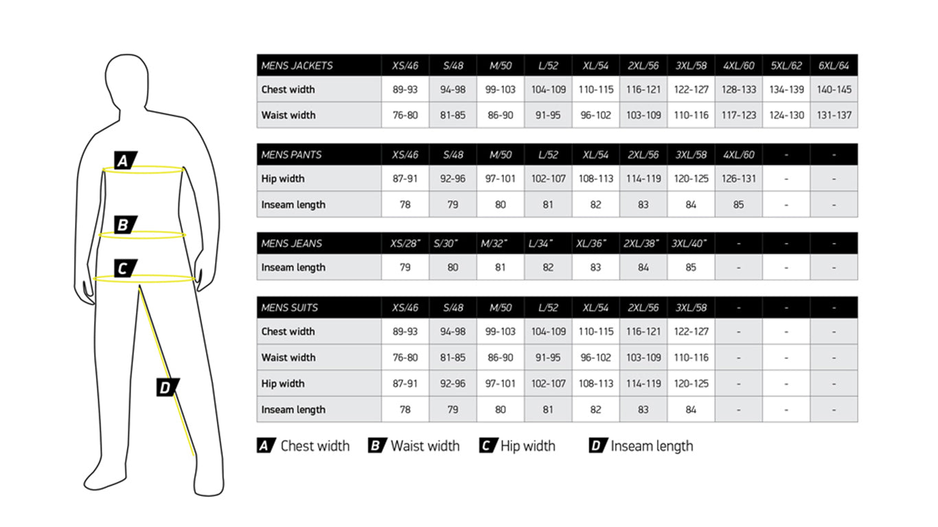 Macna - Tracktix Black/Yellow 1pc Leather Suit Size Guide