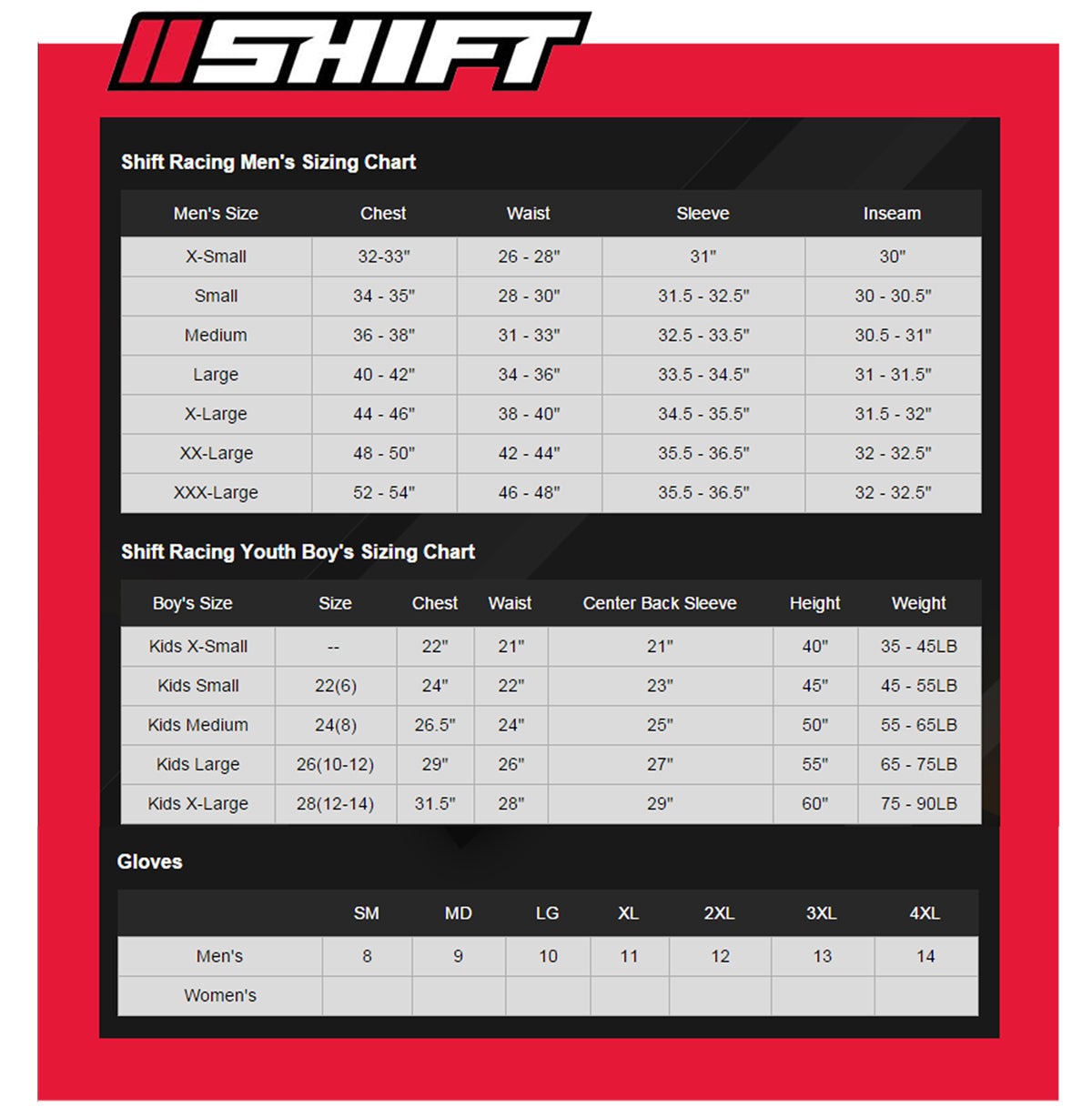 Shift - Black Label Flexguard Black/Grey Glove Size Guide
