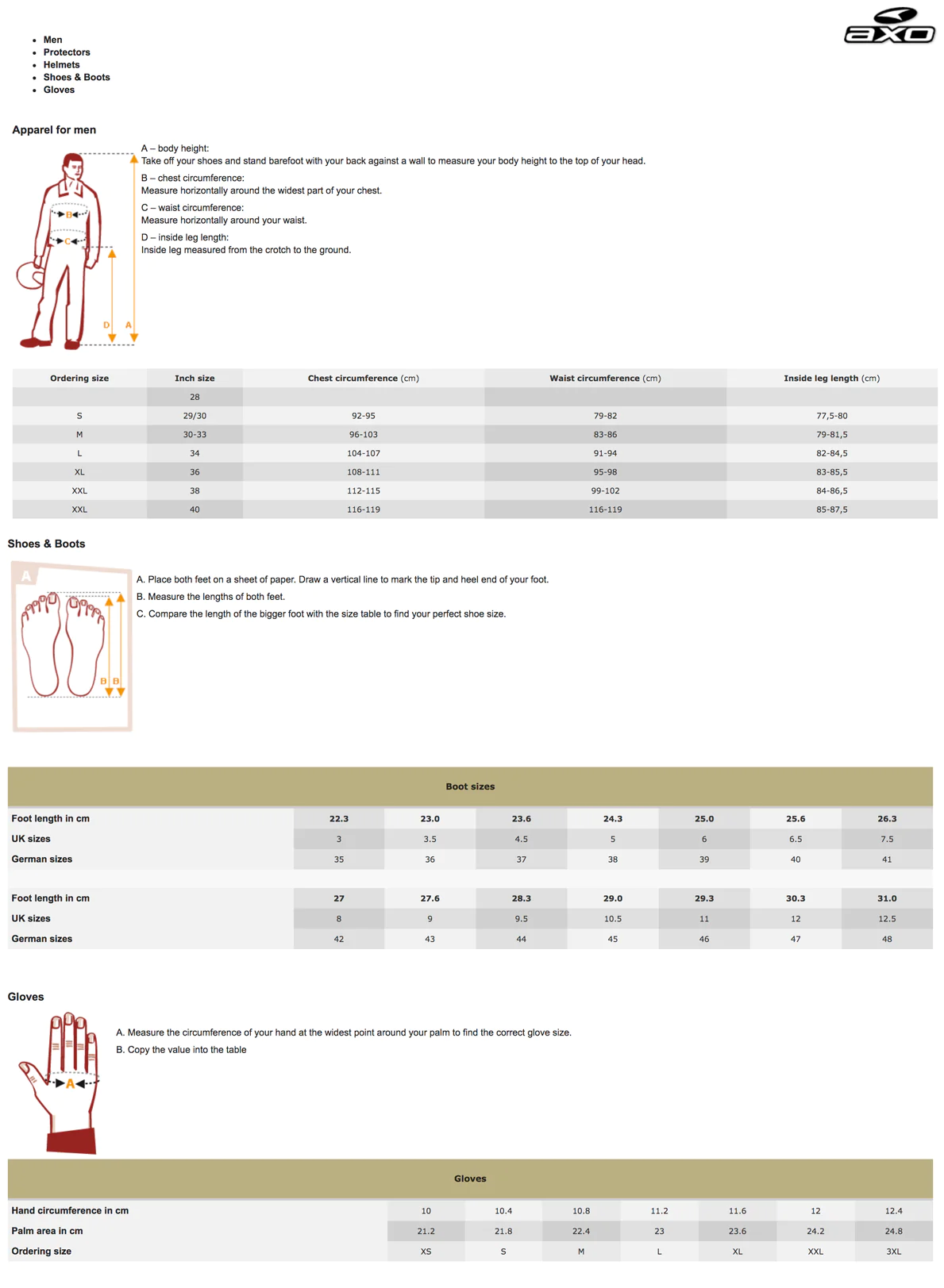Axo - 2018 Prisma MX Combo Size Guide