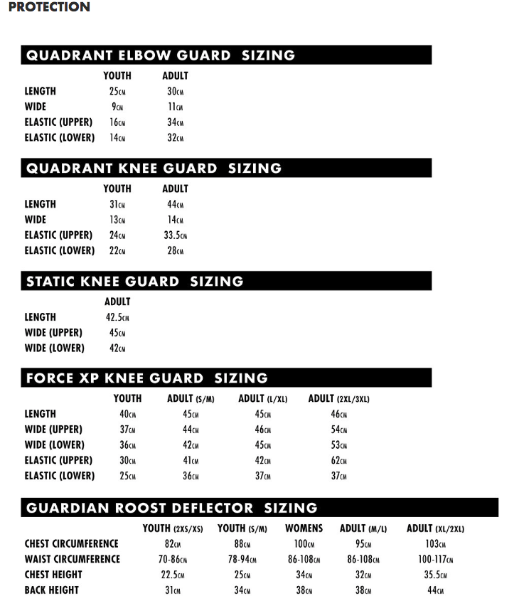 Thor - Sentinel GP Armour Size Guide