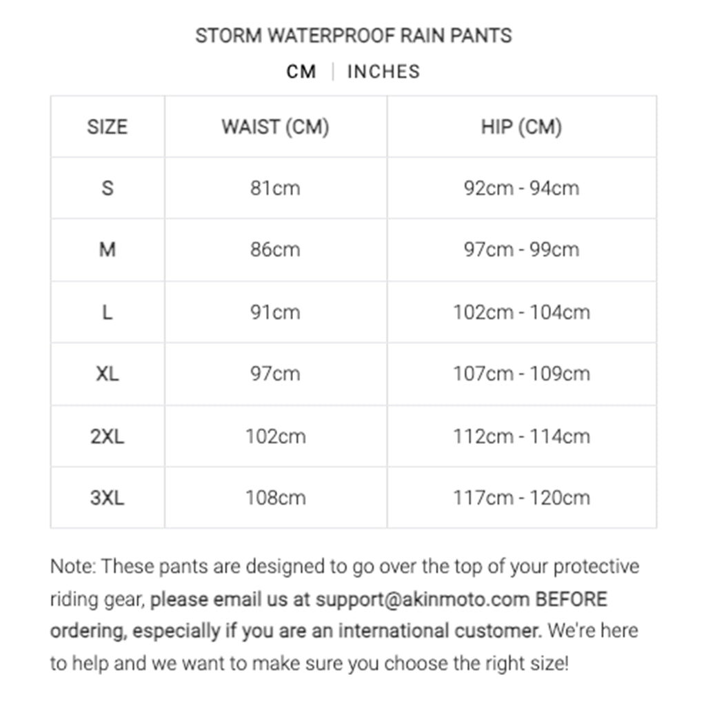 Akin Moto - Storm Waterproof Rain Pants Size Guide