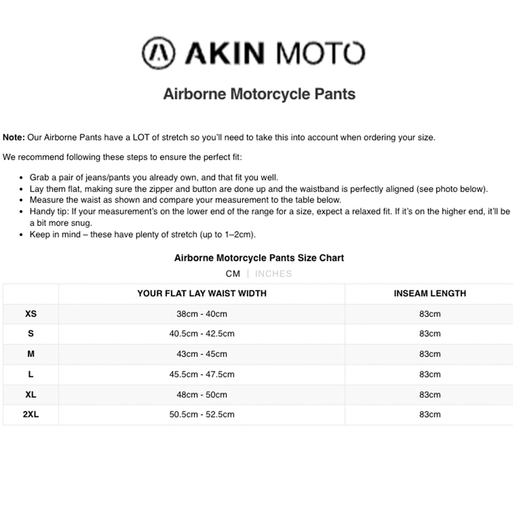 Akin Moto - Airborne Khaki Pants Size Guide