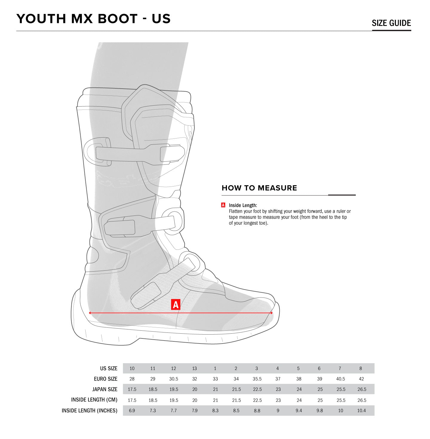 Alpinestars - Tech 7s Youth Black/Silver/Gold MX Boots Size Guide