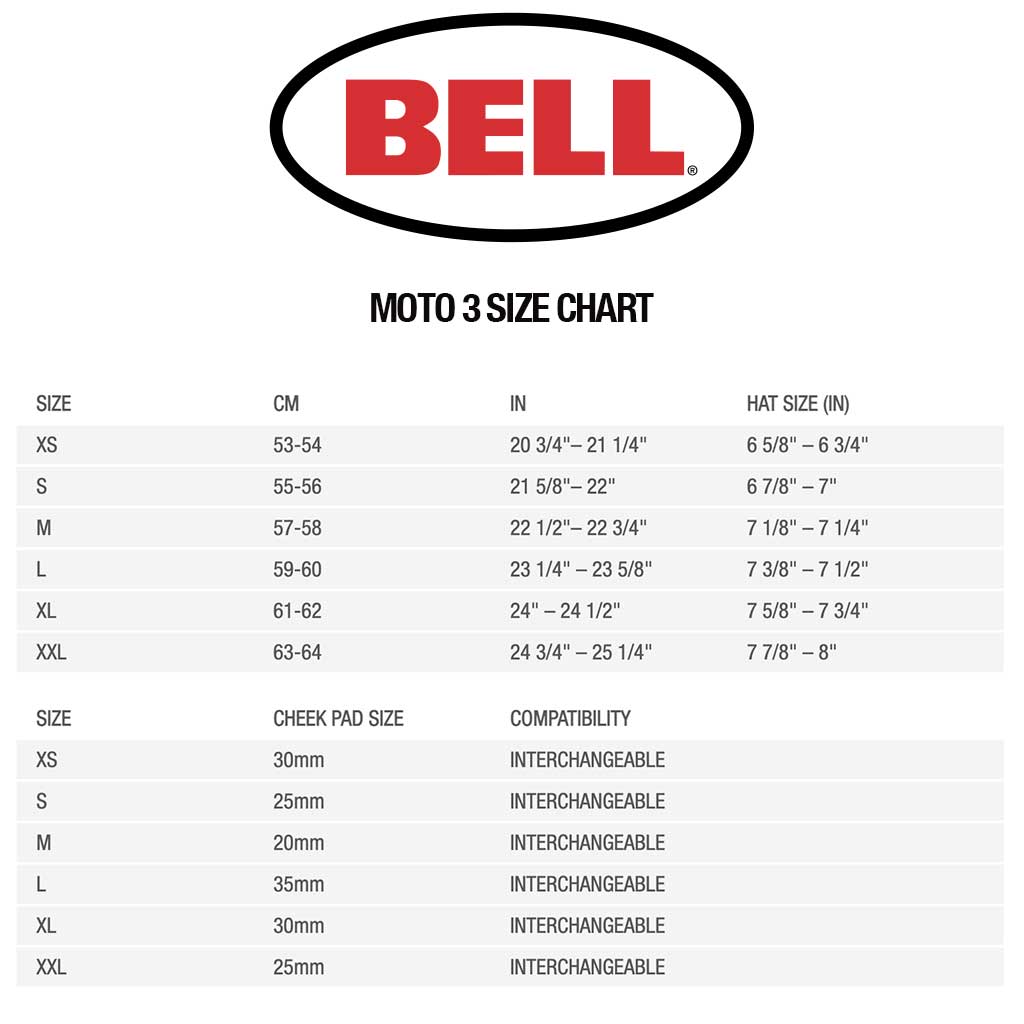 Bell - Moto 3 Black/White Helmet Size Guide