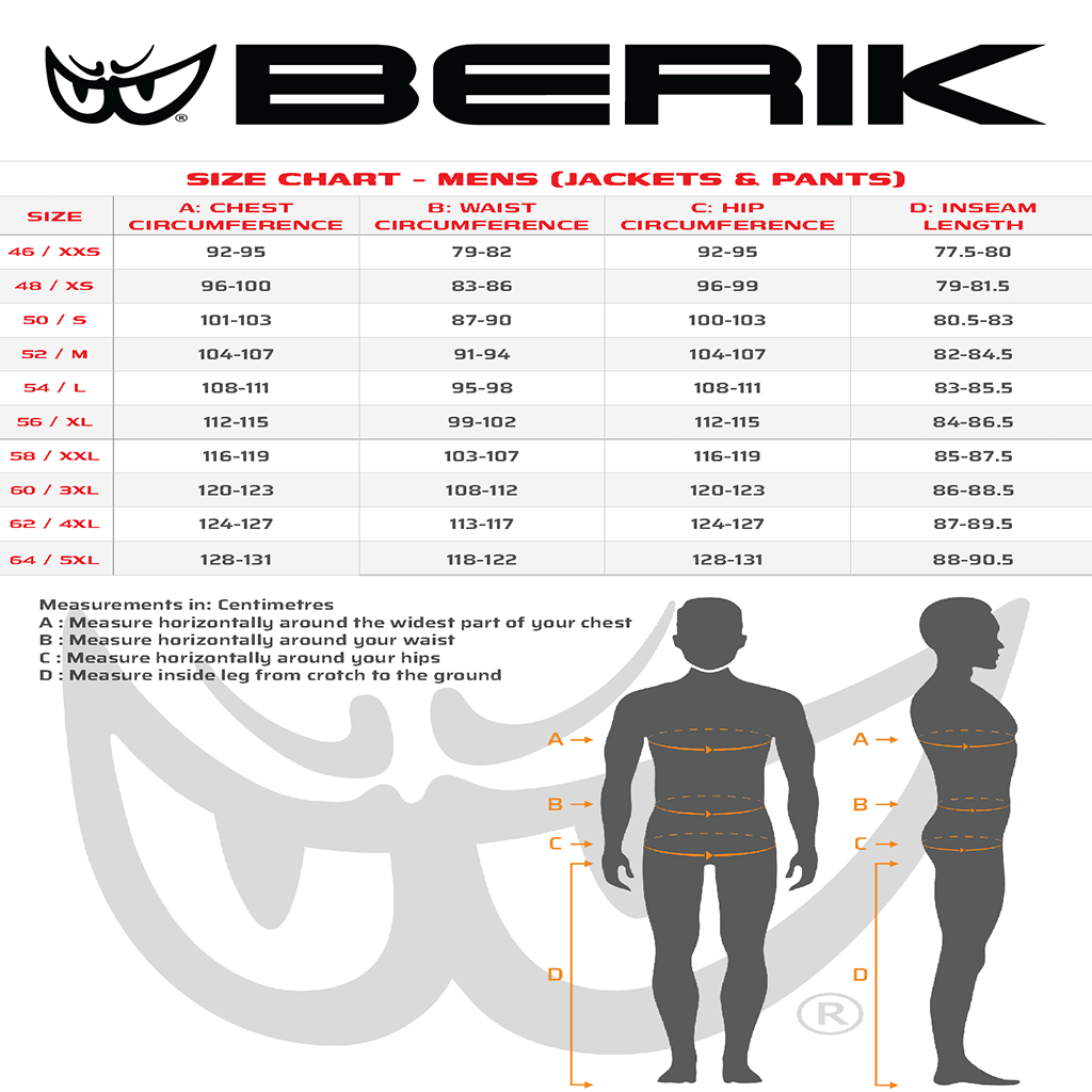 Berik - Sport Leather Pants Size Guide